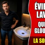 Homme surpris pointant le doigt vers la bonde d'un évier de cuisine qui fait glouglou, avec ondes sonores bleues visibles sur le siphon