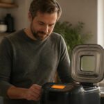 Utilisateur diagnostiquant une panne de machine à pain grâce au menu de test intégré