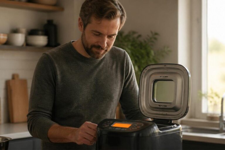 Utilisateur diagnostiquant une panne de machine à pain grâce au menu de test intégré